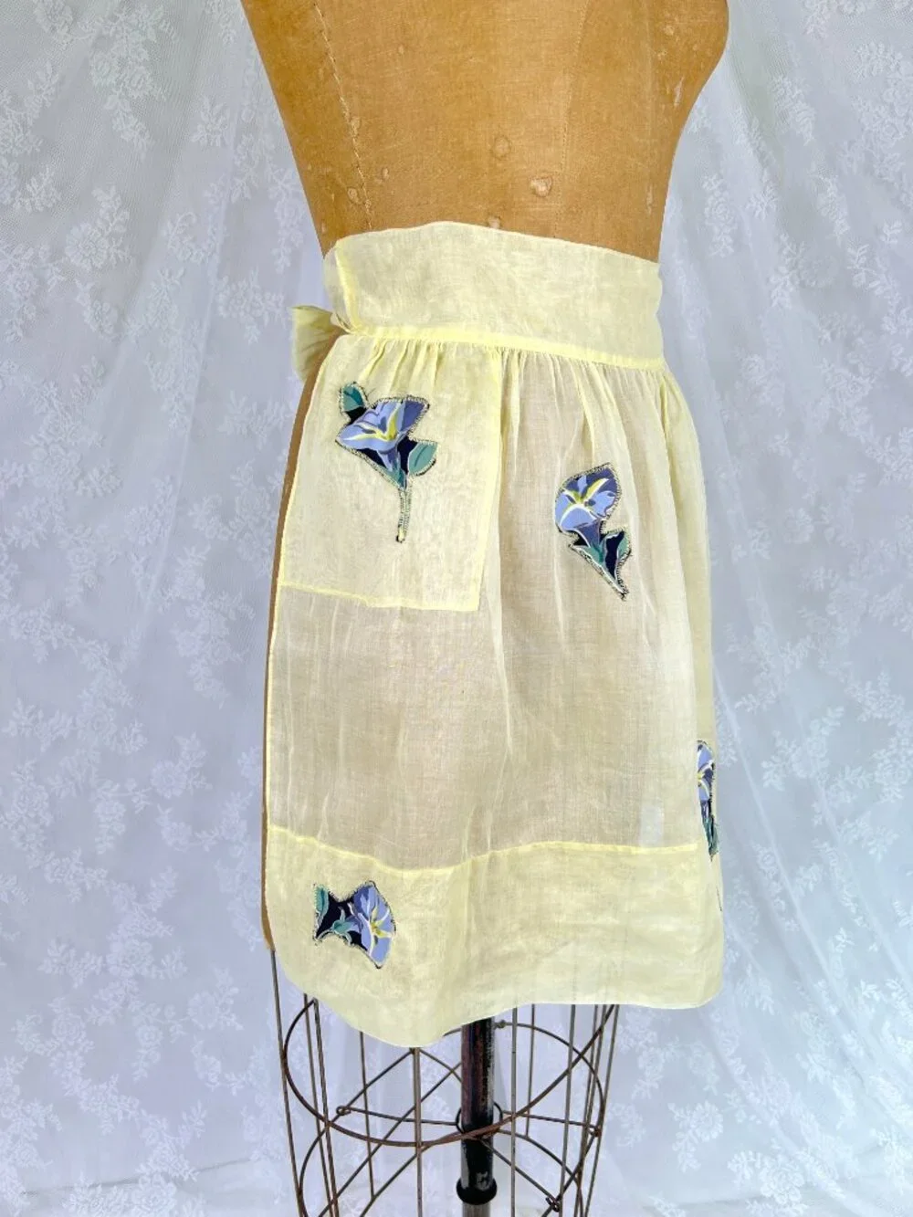 Vintage Yellow Half Apron, Sheer Cotton, Petunia Appliques, Cottagecore 50s-60s